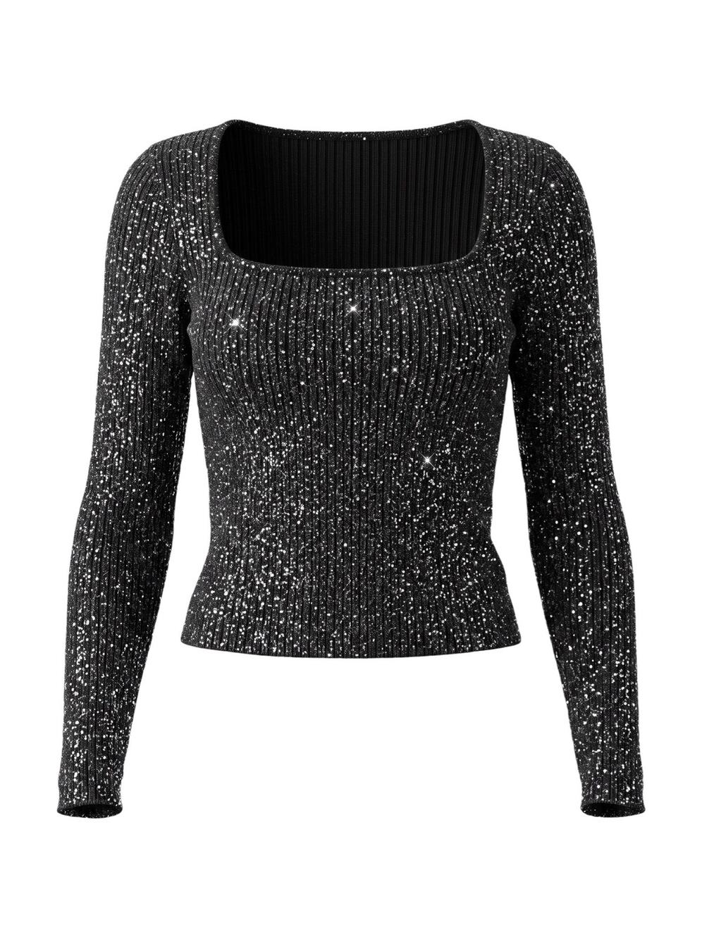 ASTR the Label Women's S Black Sequins Marina Square Sequined Ribbed Knit Top